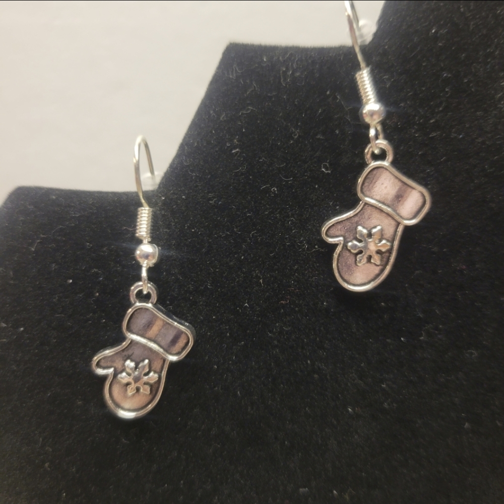 Silver Christmas Mittens Charm Earrings